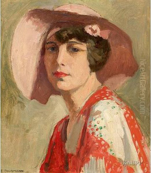 Brustbildnis Im Dreiviertelprofil Nach Links Einerjungen Dunkelhaarigen Dame Mit Rosafarbenem Hut Und Rotgemustertemkleid Oil Painting by Emil Beurmann