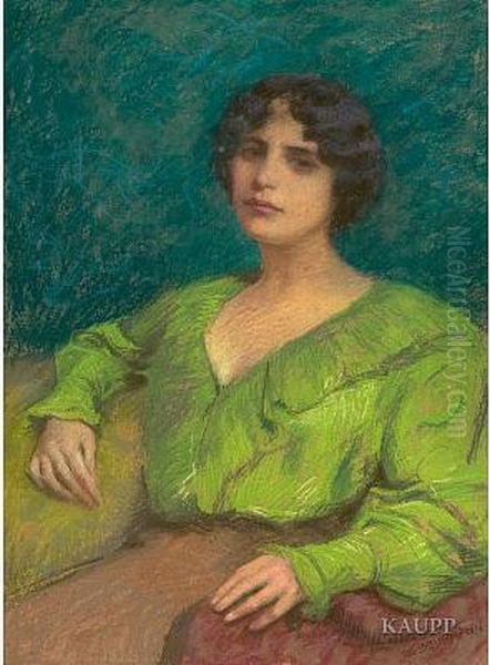 Brustbildnis Einer Jungen Dame Mit Hellgruner Blusevor Dunkelgrunem Fond Auf Einem Sessel Sitzend Oil Painting by Emil Beurmann