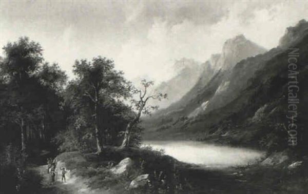 Faggot Gatherers On A Track In A Mountainous Lake Landscape Oil Painting by Karl Millner