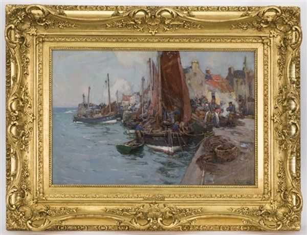 East Neuk Harbor Oil Painting by William Watt Milne