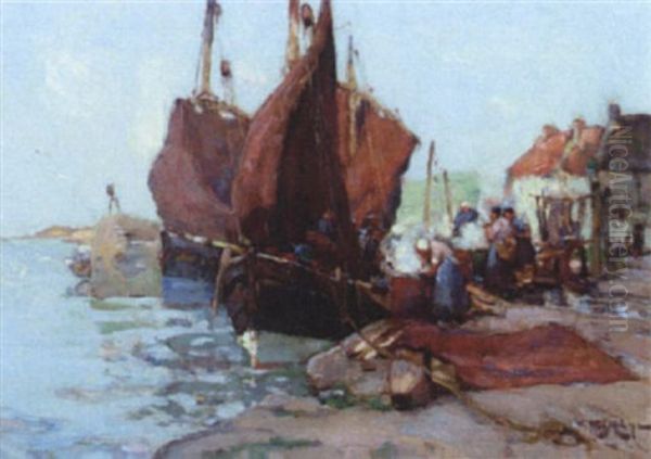 Fisherfolk On The Beach Oil Painting by William Watt Milne