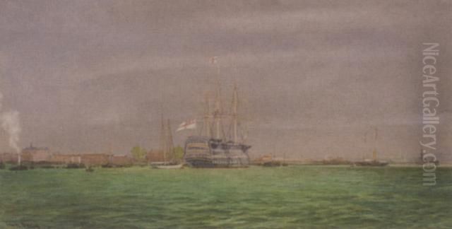 H.m.s Victory In Portsmouth Harbour Oil Painting by Irwin John David Bevan