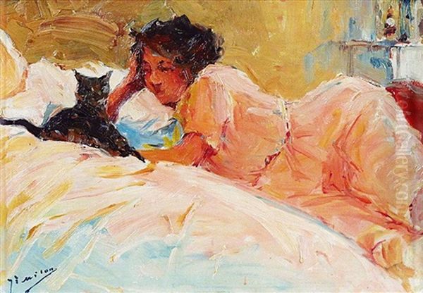 Femme Au Chat Oil Painting by Joseph Milon