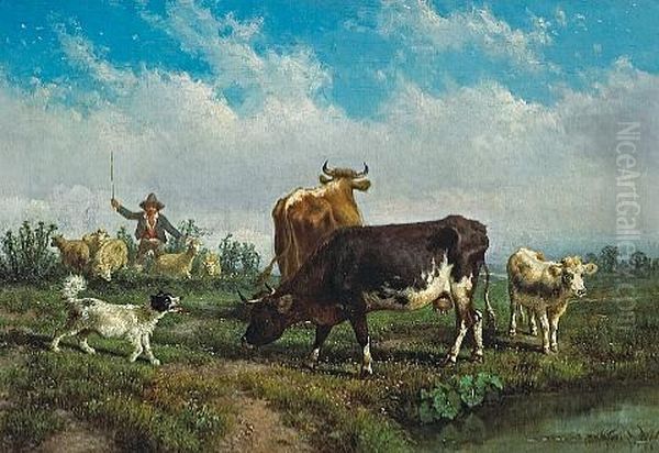 An Extensive Italianate Landscape With A Young Girl With Her Farm Animals In The Foreground (+ Another; Pair) Oil Painting by Antonio Milone