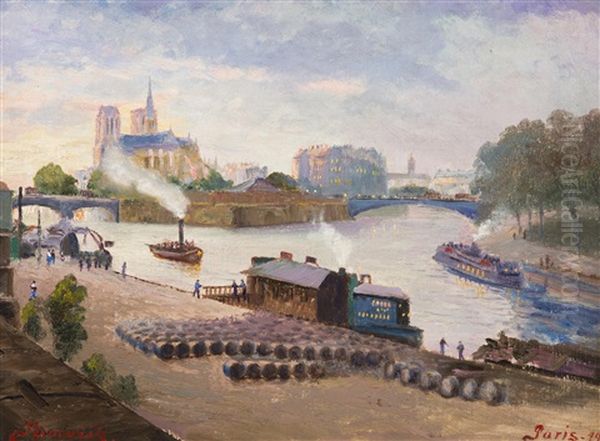 Life On The Seine (paris) Oil Painting by Jan B. Minarik