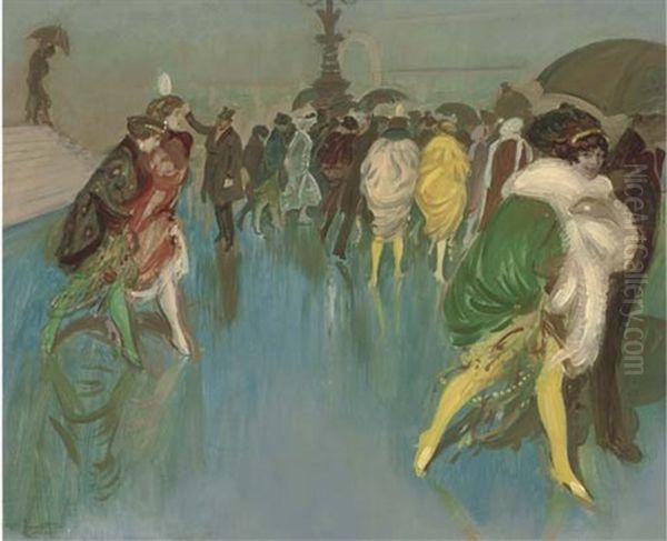 Elegant Figures In The Rain Oil Painting by Antoine Guillaume (Tony) Minartz