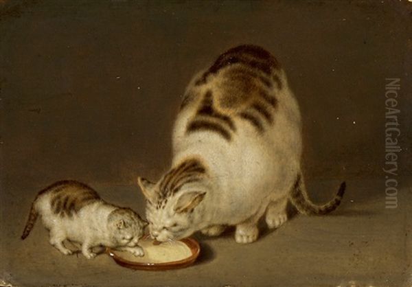 Katzenmutter Und Ihr Junges Beim Milchtrinken Oil Painting by Gottfried Mind or Mindt