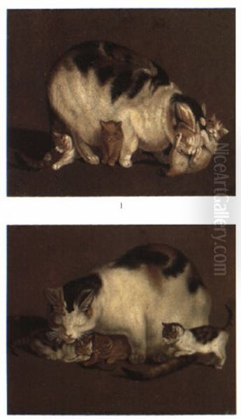Katzenmutter Und Ihre Kinder (+ Another, Similar; Pair) Oil Painting by Gottfried Mind or Mindt