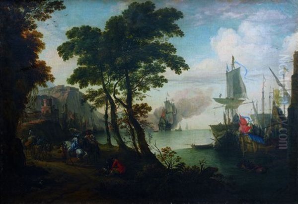 Rencontre De Cavaliers Devant Un Port Naturel Anime De Bateaux Oil Painting by Hendrich van Minderhout