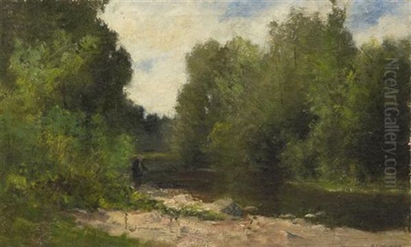 Fisherman In A Landscape Oil Painting by Robert Crannell Minor Sr.