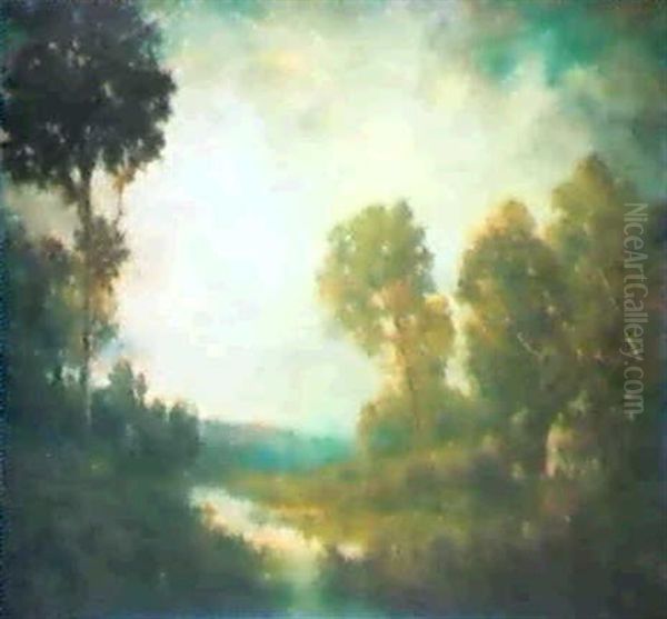 Shaded River Landscape Oil Painting by Robert Crannell Minor Sr.