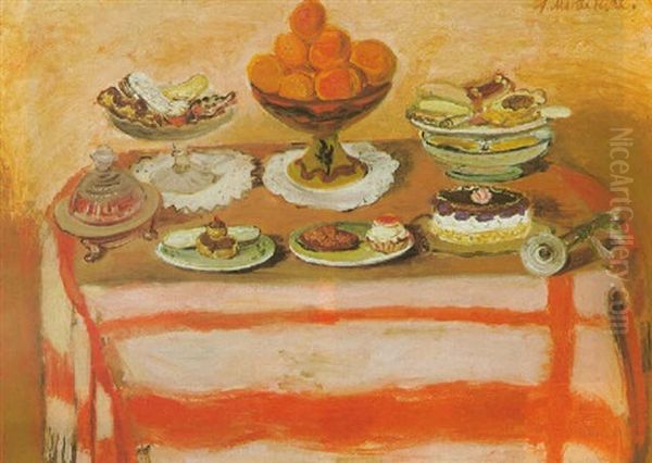 Still Life With Desserts On A Table Oil Painting by Abraham Mintchine