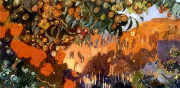 Paisaje Enmarcado Por Grandes Arboles, Al Fondo, Una Montana (landscape With Trees And Mountains In The Background) Oil Painting by Joaquin Mir Trinxet