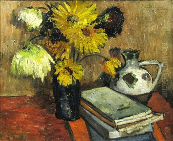 Still Life With Flowers And Books Oil Painting by Casilda Miracovici