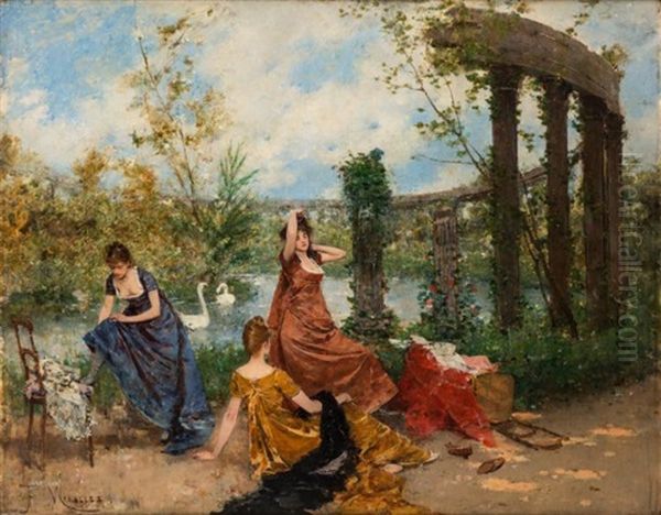 Three Ladies By A Swan Pond Oil Painting by Francisco Miralles Galup