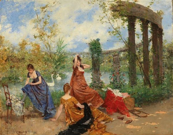 Ladies Near The Park Pond Oil Painting by Francisco Miralles Galup