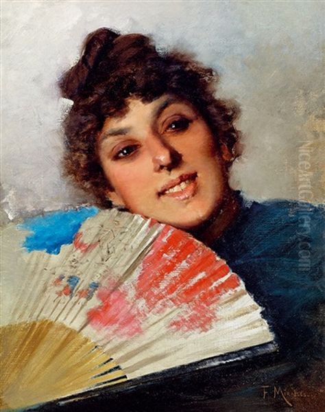 Young Spanish Woman With A Fan Oil Painting by Francisco Miralles Galup