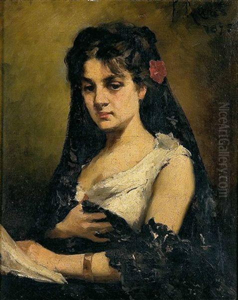 Dama Con Mantilla Leyendo Una Carta Oil Painting by Francisco Miralles Galup