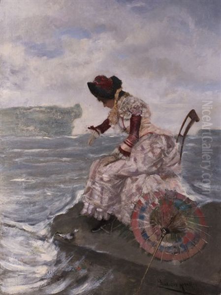 Dame Im Seidenkleid Mit Schirm Am Meer Oil Painting by Francisco Miralles Galup