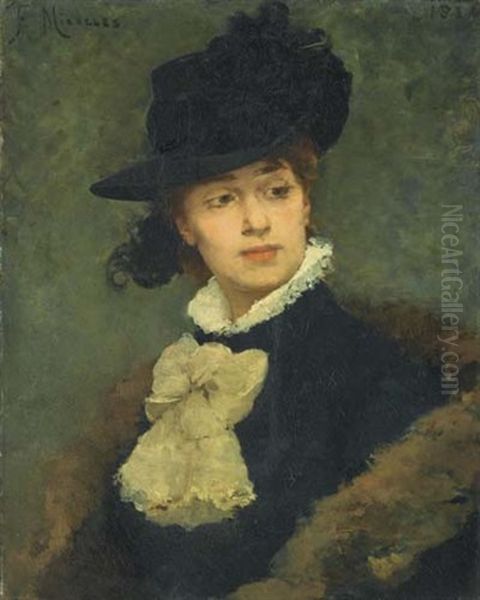 Bildnis Einer Jungen Frau Mit Schwarzem Hut Oil Painting by Francisco Miralles Galup