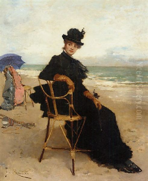 A Lady Seated On The Beach Oil Painting by Francisco Miralles Galup