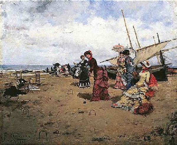 Jugando Al Croquet En La Playa Oil Painting by Francisco Miralles Galup