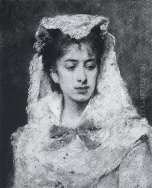 Portrait Of A Woman In White Oil Painting by Francisco Miralles Galup