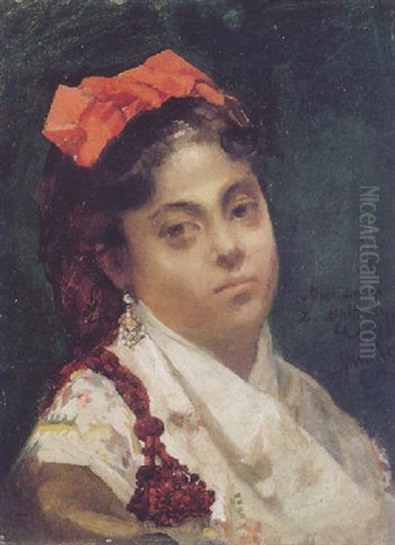 Lady With A Red Bow Oil Painting by Francisco Miralles Galup