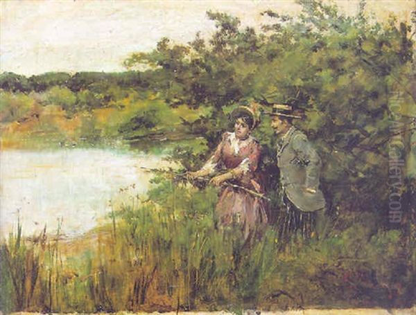 La Leccion De Pesca Oil Painting by Francisco Miralles Galup