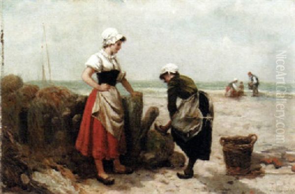 Fisherfolk On The Beach Oil Painting by Francisco Miralles Galup