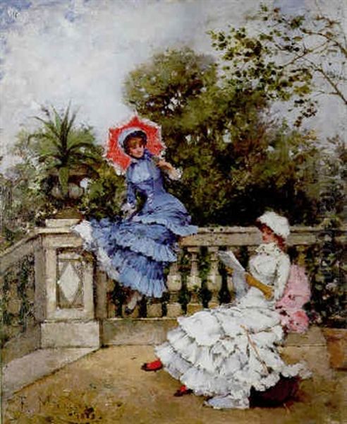 Deux Elegantes Sur La Terrasse Oil Painting by Francisco Miralles Galup