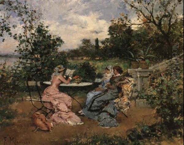 Reading In The Garden Oil Painting by Francisco Miralles Galup