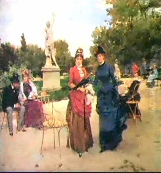 Elegant Ladies In A Garden Oil Painting by Francisco Miralles Galup