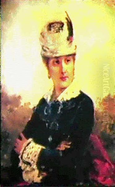 Portrait De Jeune Femme Au Chapeau A Plume Oil Painting by Francisco Miralles Galup