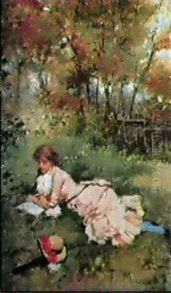 Parklandskap Med Lasande Kvinna Oil Painting by Francisco Miralles Galup