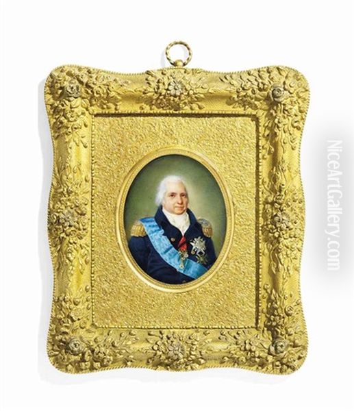 Louis Xviii (1755-1824), King Of France - 1824, In Blue Coat With Gold Epaulettes, Wearing Orders Including The Blue Moire Sash And Breast-star Of The Royal French Order Of The Saint Esprit Oil Painting by Aimee Zoe Lizinka de Mirbel