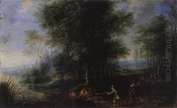 Bewaldete Landschaft Mit Jagern Oil Painting by Anton Mirou
