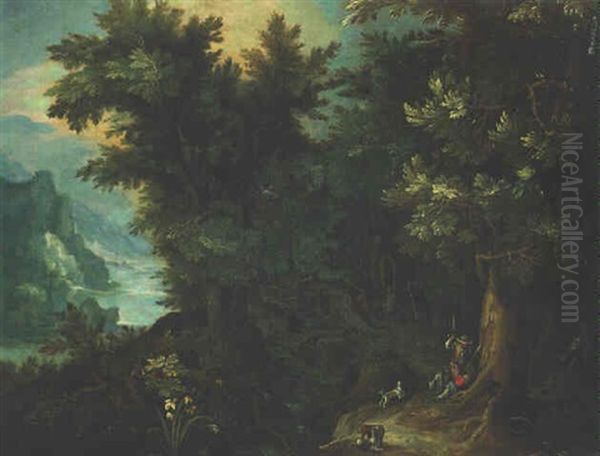 A Wooded River Landscape With Huntsmen Resting On A Track, The Flight Into Egypt Beyond Oil Painting by Anton Mirou