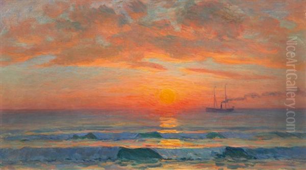 Steamship In Dusk Oil Painting by Georges Mita