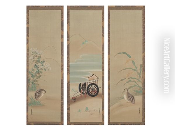 A Quail/palanquin (set Of 3 Scrolls) Oil Painting by Mitsuoki, Tosa
