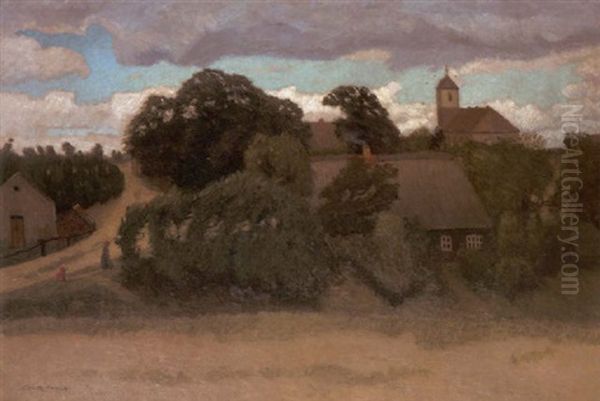 Sturmischer Sommertag Mit Worpsweder Kirche - Auf Dem Weg Bergan Eine Bauerin Mit Kleinem Madchen Oil Painting by Otto Modersohn
