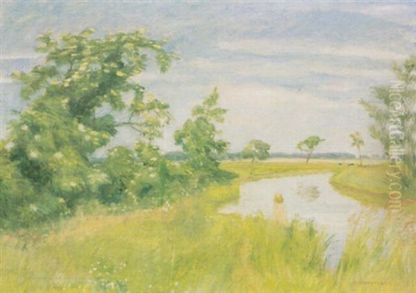 Sommer An Der Wumme Mit Badendem Kind Oil Painting by Otto Modersohn