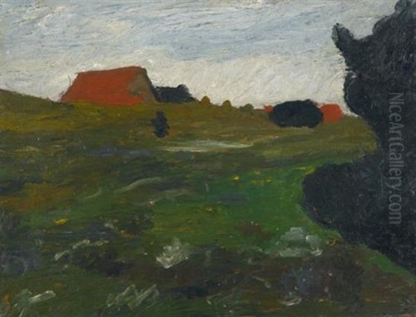 Landschaft Mit Busch Und Roten Hausern (landscape With Shrubs And Red Houses) Oil Painting by Paula Modersohn-Becker