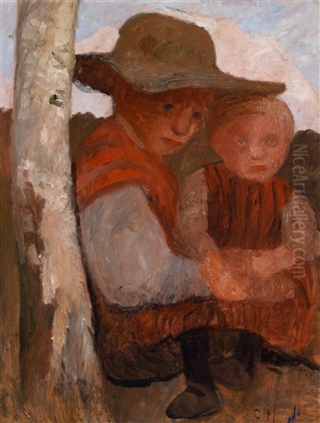 Sitzendes Madchen Mit Strohhut Und Kind Auf Dem Schos Oil Painting by Paula Modersohn-Becker