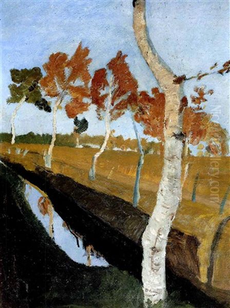 Birken Am Moorgraben (+ Rotes Haus, Verso) Oil Painting by Paula Modersohn-Becker