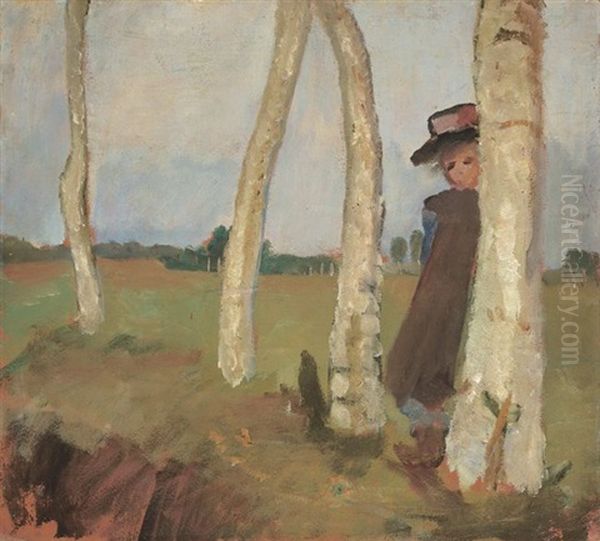 Madchen Mit Hut Zwischen Birkenstammen Oil Painting by Paula Modersohn-Becker