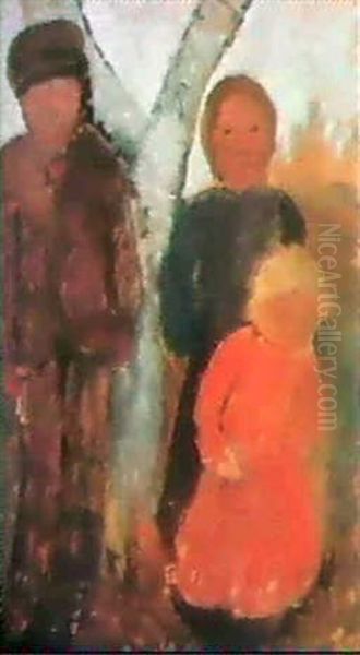 Drei Bauernkinder An Einer Birke Oil Painting by Paula Modersohn-Becker