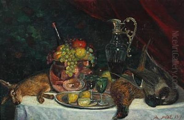 Nature Morte With Fruit And Wine Oil Painting by Andreas Moe