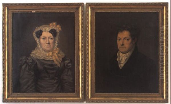 Portraet Af En Dame In Gr+ Silkekjole Og En Herre I Sort Frakke (pair) Oil Painting by Niels Moe