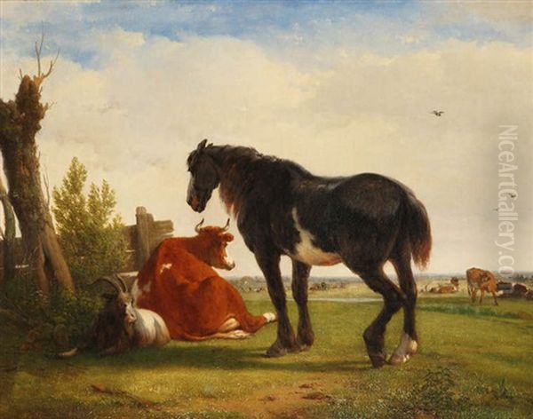 Vaches, Cheval Et Chevre Dans La Prairie Oil Painting by Joseph Jodocus Moerenhout